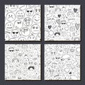 Vector set of various faces, people, human emotions seamless pattern. Doodle, freehand drawing background. Men, women.