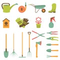 Vector set of various gardening items and garden tools in flat design