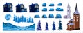 Vector set of various houses, towers and landscape elements. Illustration architecture in the winter city, trees