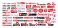 Vector Set Of Various Live Streaming And Broadcast Icons In Red And Black. Live Stream Notifications And Live Broadcast