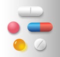 Vector set of various realistic pills and capsules isolated on grey background