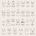 Vector set with various women swimsuits. Hand drawn illustration collection, isolated om background, drawn with imperfections. Ink