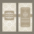 Vector set of vertical banners with ornamental frame and seamless patterned background. Wedding invitation design, Greeting Card,