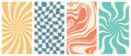 Vector set of vertical groovy poster in trendy 70s style. Twisted and distorted retro backgrounds. Vector illustration