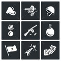 Vector Set of Victory Day in Russia Icons. Garrison cap, Machine gun, Helmet, Order, Submachine, Flask, Flag, Firework