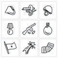 Vector Set of Victory Day in Russia Icons. Garrison cap, Machine gun, Helmet, Order, Submachine, Flask, Flag, Firework