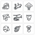 Vector Set of The Vietnam War Icons. Soldier, grenade launcher, vietnamese, Jungle, Helicopter, Bomb, Monkey, Grenade