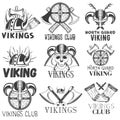 Vector set of vikings labels in vintage style. Design elements, icons, logo, emblems, badges. Viking warrior helmet and Royalty Free Stock Photo