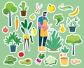 Vector set of village people gardening with organic food, flowers and plants