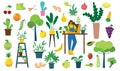 Vector set of village people with organic food, flowers and plants