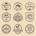 Vector set of vintage bakery logos. Retro emblems collection with sweet biscuit, cupcake etc. Hipster pastry icons. Royalty Free Stock Photo