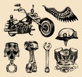 Vector set of vintage bikers elements.Hand sketched motorcyclist symbols collection with custom chopper.