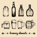 Vector set of vintage brewery elements. Collection with beer icons. Barrels, bottles, glasses etc.sketched illustrations Royalty Free Stock Photo