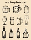 Vector set of vintage brewery elements. Collection of beer,lager,ale signs. Barrels,bottles etc sketched illustrations. Royalty Free Stock Photo