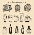 Vector set of vintage brewery elements. Collection of beer,lager,ale signs. Barrels,bottles etc sketched illustrations. Royalty Free Stock Photo