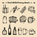 Vector set of vintage brewery elements. Retro collection with beer signs. Barrels, bottles etc. sketched illustrations. Royalty Free Stock Photo