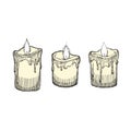 Vector set of vintage burning candles with wax drips isolated on white. Hand drawn illustration with holiday symbols