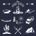 Vector set of vintage camping elements for logos, tourism emblems, badges. Retro signs collection of outdoor adventures. Royalty Free Stock Photo