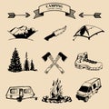 Vector set of vintage camping elements for logos, tourism emblems, badges. Retro signs collection of outdoor adventures. Royalty Free Stock Photo