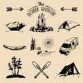 Vector set of vintage camping elements for logos, tourism emblems, badges. Retro signs collection of outdoor adventures. Royalty Free Stock Photo