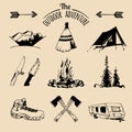 Vector set of vintage camping elements for logos, tourism emblems, badges. Retro signs collection of outdoor adventures. Royalty Free Stock Photo