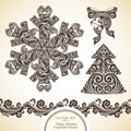 Vector set of vintage decorative ornamental symbols of Christmas