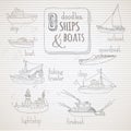 Vector set of vintage doodles marine vehicles.