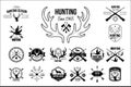 Vector set of vintage emblems for hunting club. Original monochrome labels with silhouettes of dogs, guns rifles, goose Royalty Free Stock Photo