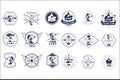 Vector set of vintage fishing camp logo or tournament emblem templates. Original monochrome labels with fishes and fish