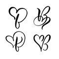 Vector Set of Vintage floral letter monogram B. Calligraphy element Valentine flourish. Hand drawn heart sign for page decoration