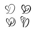 Vector Set of Vintage floral letter monogram D. Calligraphy element Valentine flourish. Hand drawn heart sign for page decoration