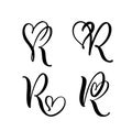 Vector Set of Vintage floral letter monogram R. Calligraphy element Valentine flourish. Hand drawn heart sign for page decoration