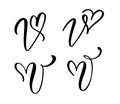 Vector Set of Vintage floral letter monogram V. Calligraphy element Valentine flourish. Hand drawn heart sign for page decoration