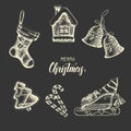 Vector set of vintage hand drawn Christmas objects and symbols on black. Gingerbreads, sock, sleigh, bells in Sketch style. Happy Royalty Free Stock Photo