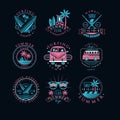 Vector set of vintage logos for surfing club. Creative emblems with surfboards, sunglasses, vans and palm trees. Hawaii