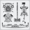 Vector set of vintage Lumberjack logos, labels and emblems. Axes and saws. Royalty Free Stock Photo