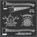 Vector set of vintage Lumberjack logos, labels, emblems and design elements. Axes and saws. Royalty Free Stock Photo