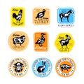 Vector set of vintage meat store labels. Logos with silhouettes of farm animals. Butcher shop. Sticker with lamb, turkey
