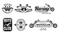 Vector set of vintage motorcycle club logos. Monochrome emblems with motorbikes, steering bars, helmets and text Royalty Free Stock Photo