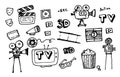 Vector set of vintage movies. doodle-style isolated elements of cinema and TV, camera, popcorn, 3d glasses, screen Royalty Free Stock Photo