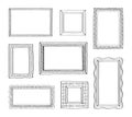 Vector set of vintage photo frames, hand drawn doodle style, antique ornamental and cute photo frames