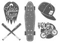 Vector set of vintage sport labels, emblems, logo. Yolo lettering and typography. Skateboard, baseball bat, rap cap, bicycle Royalty Free Stock Photo