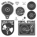 Vector set of vinyl disc and player. Music records store logotypes, design elements.