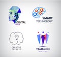 Vector set of virtual mind, smart technology, brain, robot, teamwork