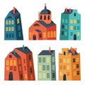 Vector set of vivid isolated buildings. Collection of various houses. Simple irregular shape buildings