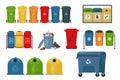 Vector set of waste sorting and recycling ecology concept. Colorful garbage bin. Trash can waste basket. Isolated