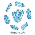 Vector set of watercolor and ink hand painted blue gems and a group of crystals isolated on the white background Royalty Free Stock Photo