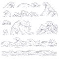 Vector set waves sea ocean. Big and small bursts splash with foam and bubbles. Outline doddle sketch black white Royalty Free Stock Photo