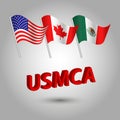 Vector set of waving american, canadian and mexican flags on silver pole - icon of states - the united states of America Mex