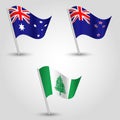 Vector set waving flags australasia on silver pole - icon of states new zealand, norfolk islands and australia